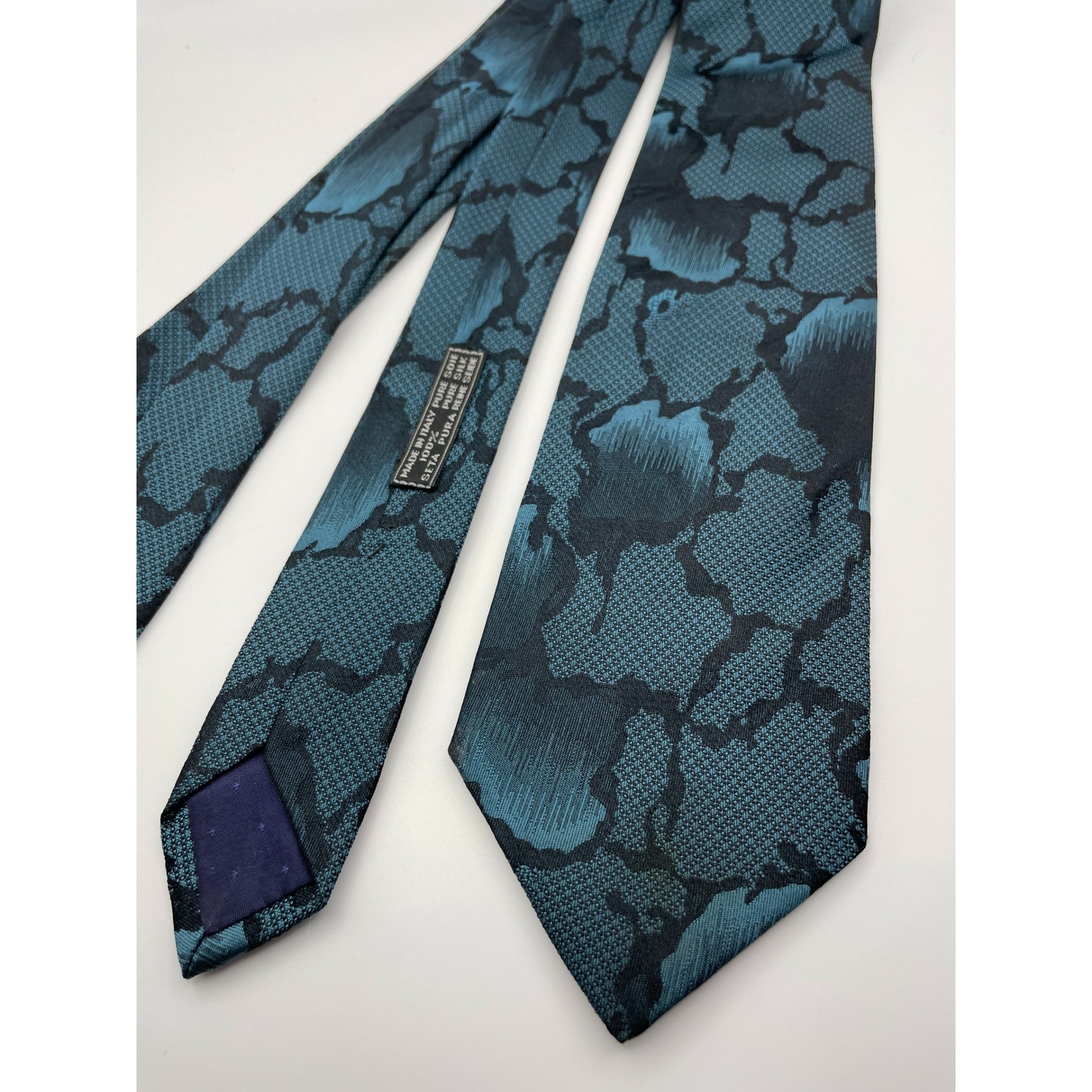 Dino Baldini Mens Silk Tie Teal Black Abstract Jacquard Made In France
